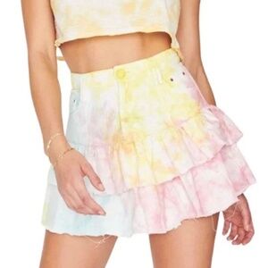 LoveShackFancy Landen Rainbow Radial Tie Dye Tiered Cotton Mini Skirt Size 2